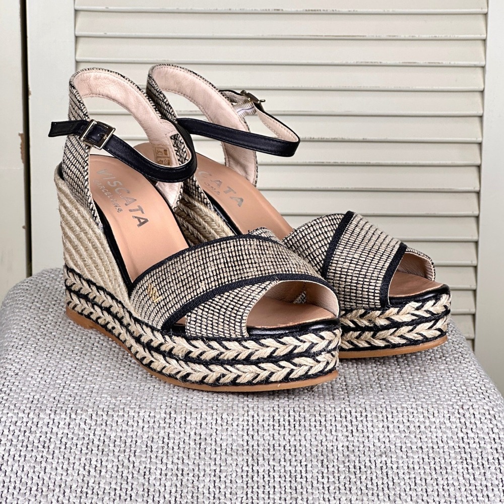 Viscata Barcelona Black Cream Woven Espadrille Platform Wedge Spain 7 US | 38 EU